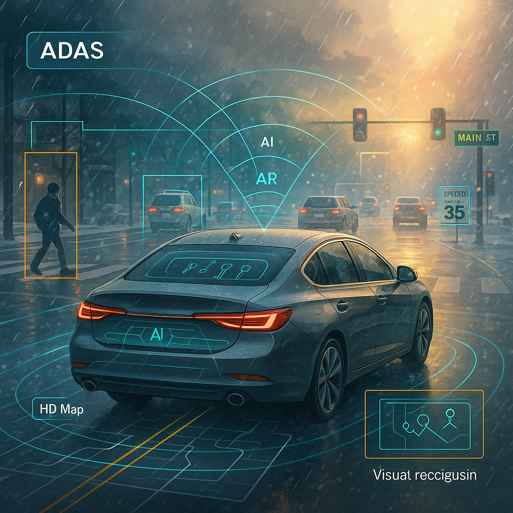 一輛搭載先進駕駛輔助系統（ADAS）的現代車輛，行駛於風雨交加的都市道路中，畫面中疊加感測器掃描範圍、AI 視覺辨識、HD 地圖與車輛偵測圖層。
