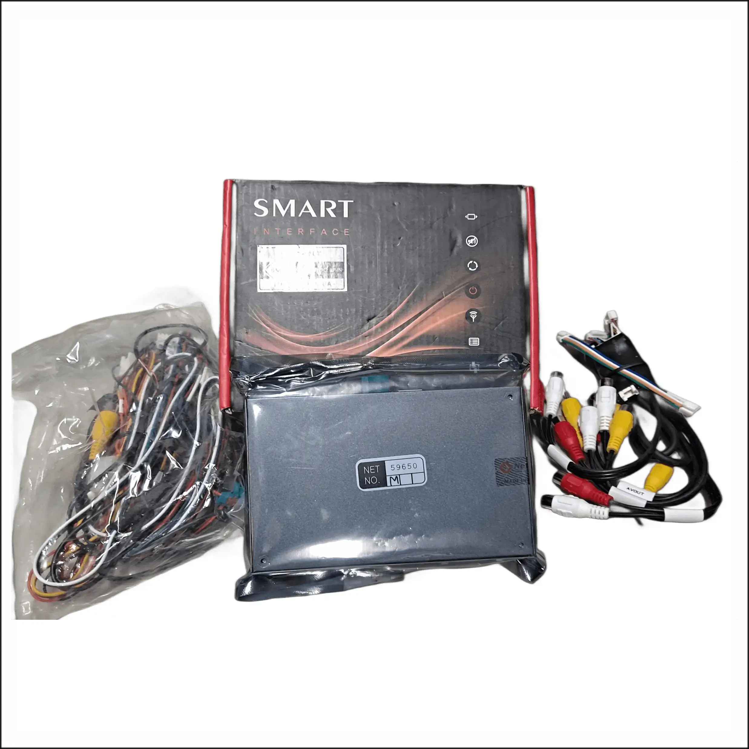 BMW P24F 智慧影像介面卡完整套件,包含主機、專用線組與配件,可用於升級倒車影像功能。