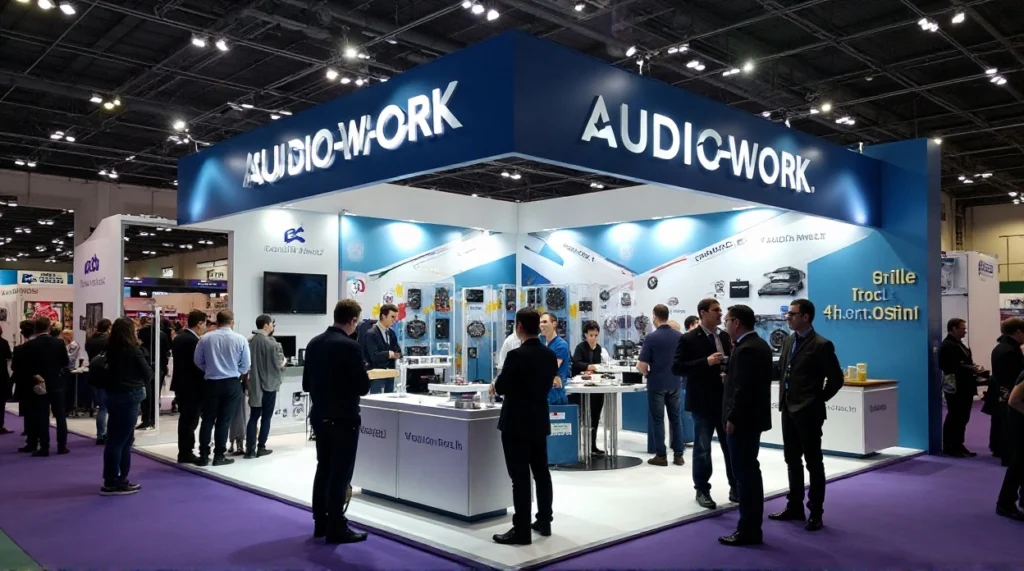 車用音響零件供應商 Audio-Work 參加國際貿易展，展示展位和多款汽車音響配件，訪客參觀交流」