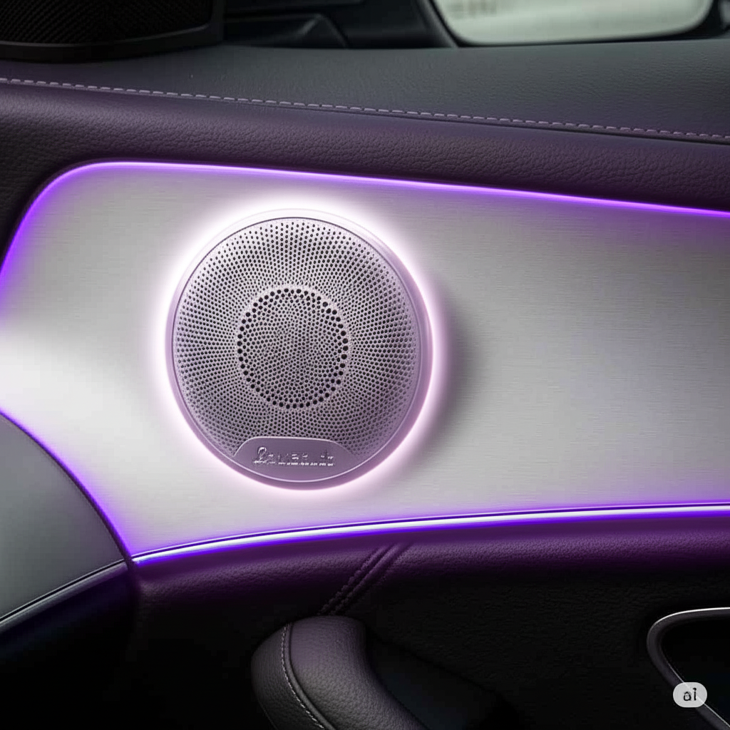 Burmester 音響系統細節特寫，呈現 Mercedes-Benz 的高級音場設計