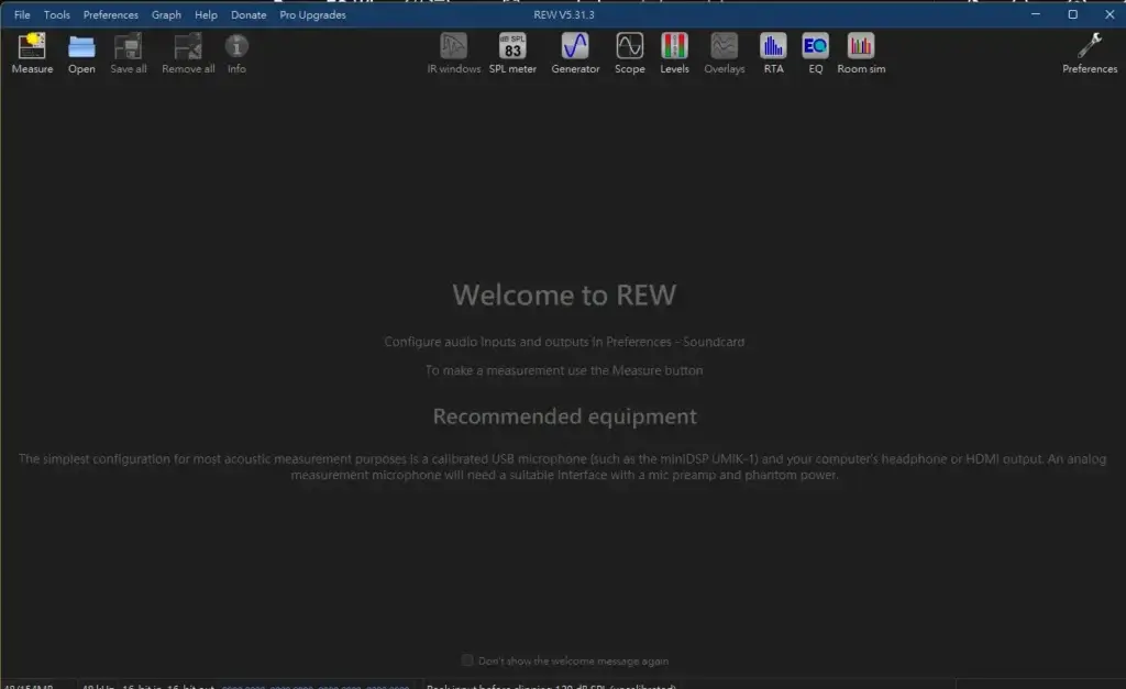 Room EQ Wizard (REW) 軟體首次啟動時的歡迎畫面與建議設備資訊。