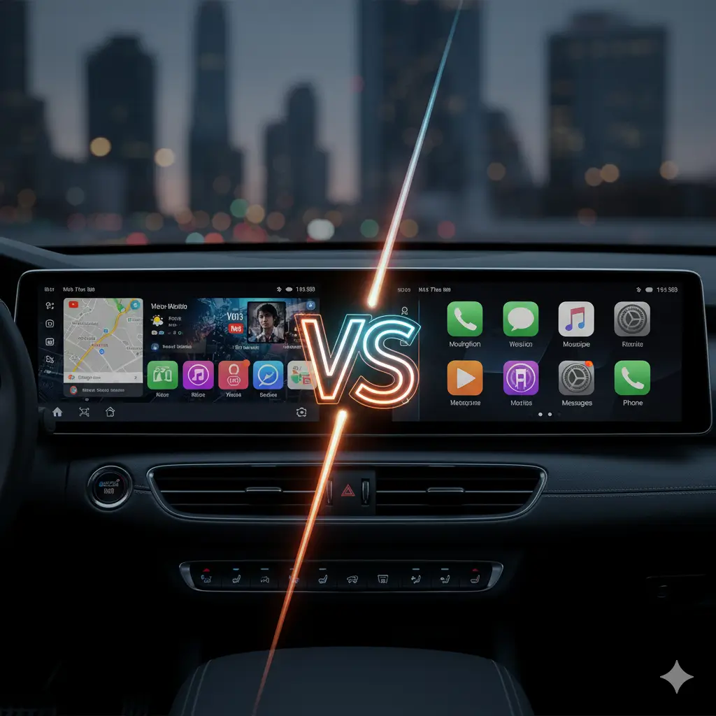 一張對比圖，左側顯示一台功能豐富、充滿App圖示的安卓主機介面，右側顯示簡潔、圖示清晰的無線 CarPlay 介面，中間以「VS」字樣區隔。