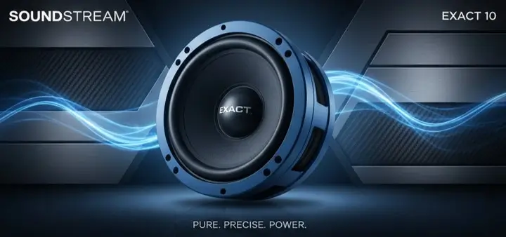 Soundstream EXACT 10 吋 SQ 超重低音單體特寫橫幅，展示其經典鋁製框架與紅色接線端子，背景為專業汽車音響調音工作室。