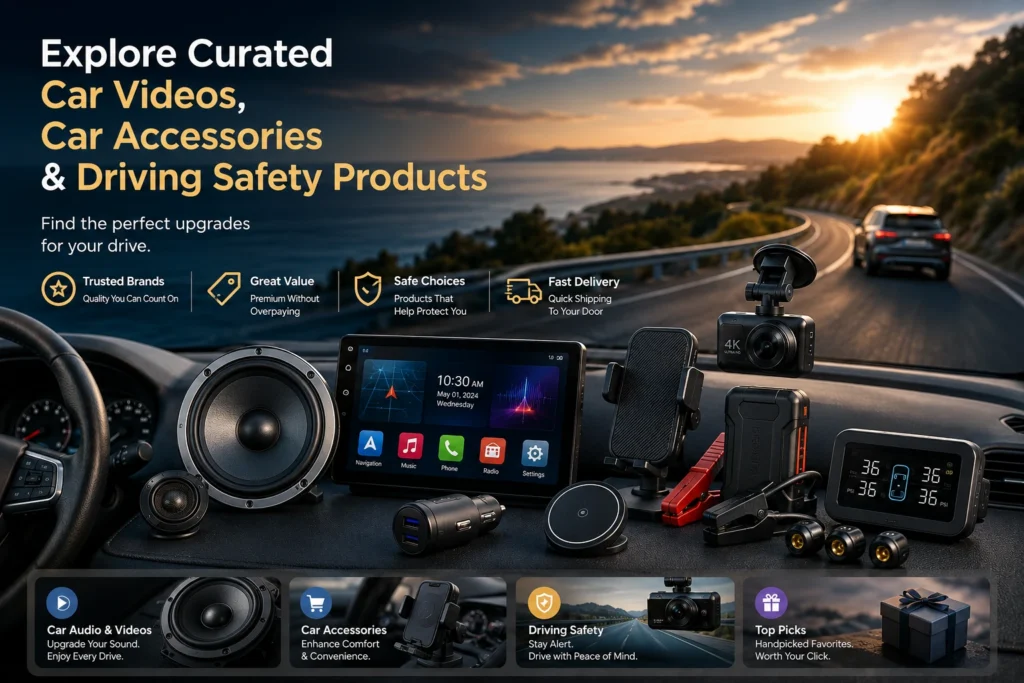 English affiliate marketing hero image showing car audio, car accessories, and driving safety products for WautoCar